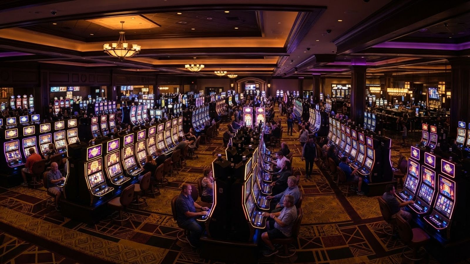 Overzicht van casino speelautomaten in een speelhal